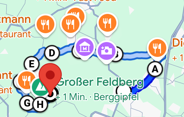 Karte mit Wegbeschreibung zum Großen Feldberg und umliegenden Restaurants.